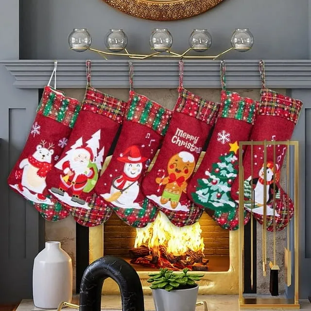 FHYLGN 2020 New Gray Burlap Buffalo Red Plaid Non-Woven Fleece Fabric Lovely Embroidery Pattern Set of 6 Christmas Stocking for Family Decorations