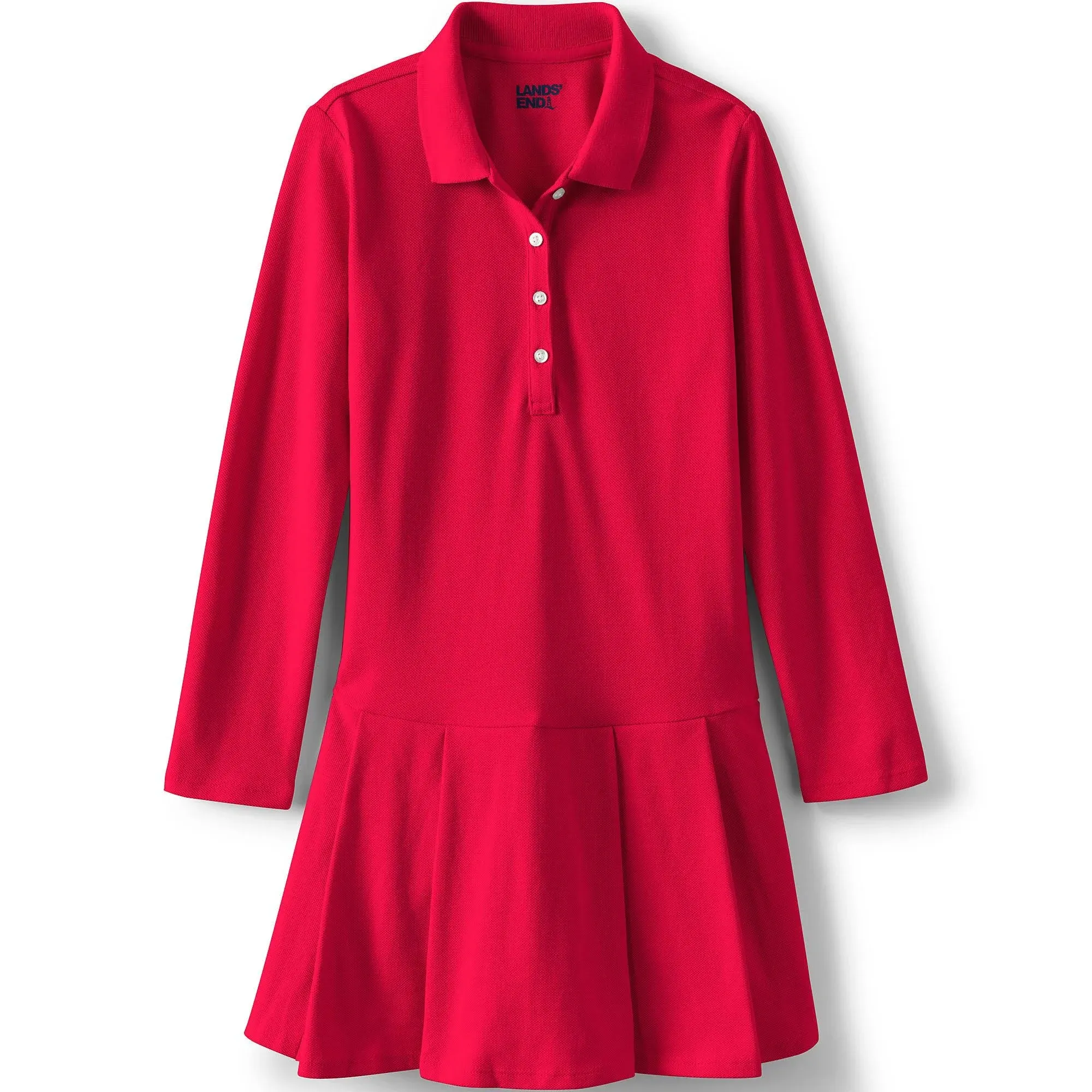 Lands' End School Uniform Girls Long Sleeve Mesh Pleated Polo Dress - 10 - Red