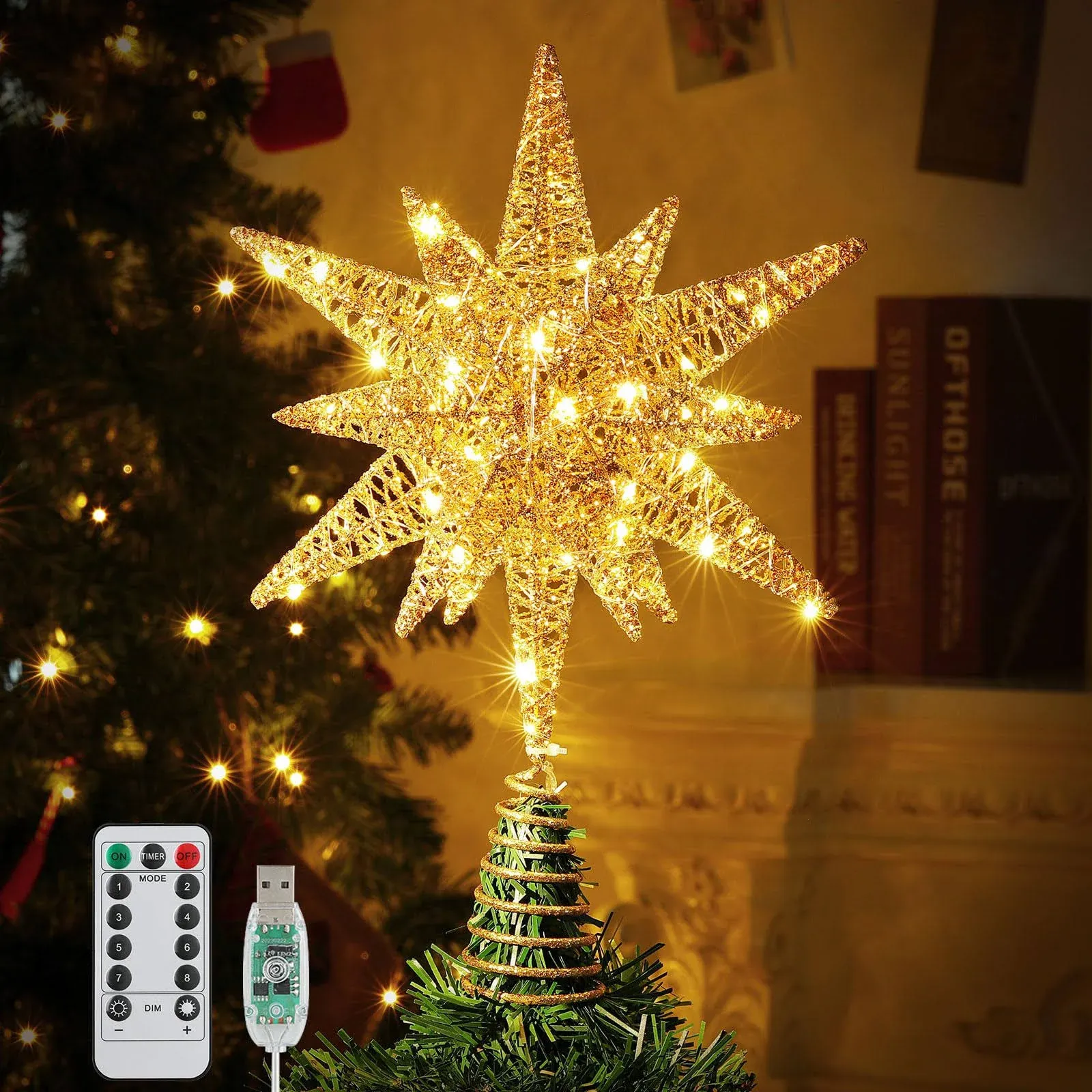 Roylvan Christmas Tree Topper Star, 3D Lighted Tree Topper with 8 Lighting Modes ...