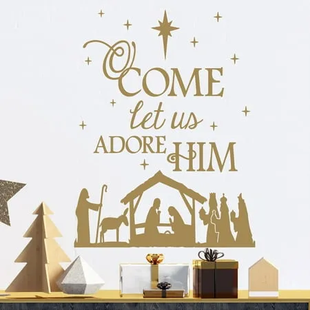 Empresal O Come Let Us Adore Him Nativity Christmas Wall Decal Quote - Removable Peel and Stick Vinyl Sticker for Home Decor, Living Room, and Bedroom 28" x 13"