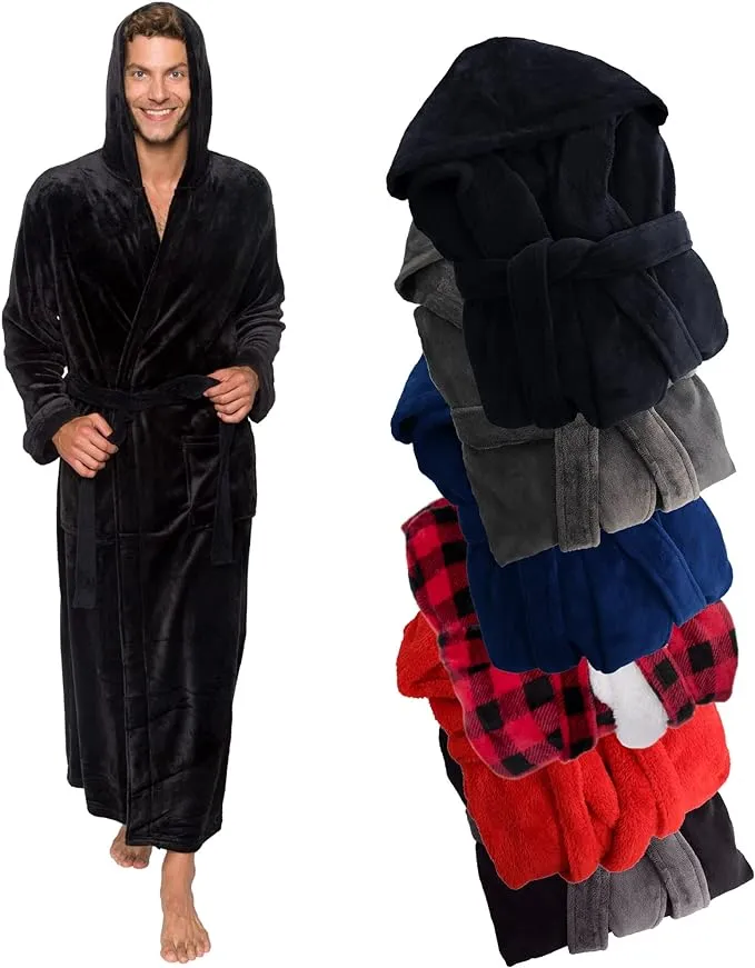 Ross Michaels Mens Luxury Robe Hooded Big and Tall - Long Plush Fleece Bath Robe with Hood and Pockets- Gift Men and Teens