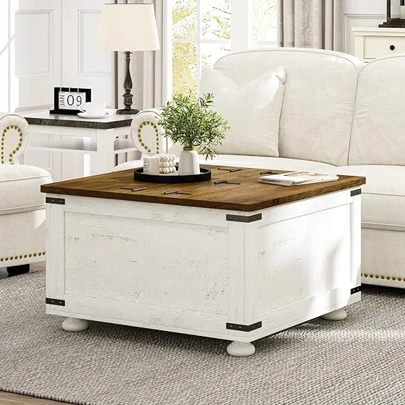 Farmhouse Coffee Table with Storage, White Square Coffee Table with Gas Struts Lift Top and Large Hidden Storage Compartment, Wood Center Table for Living Room, White