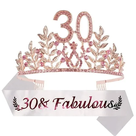 30th Birthday Sash and Tiara for Women - Glitter Sash with Leafs Rhinestone Pink Metal Tiara, Perfect 30th Birthday Gifts for Party Celebration