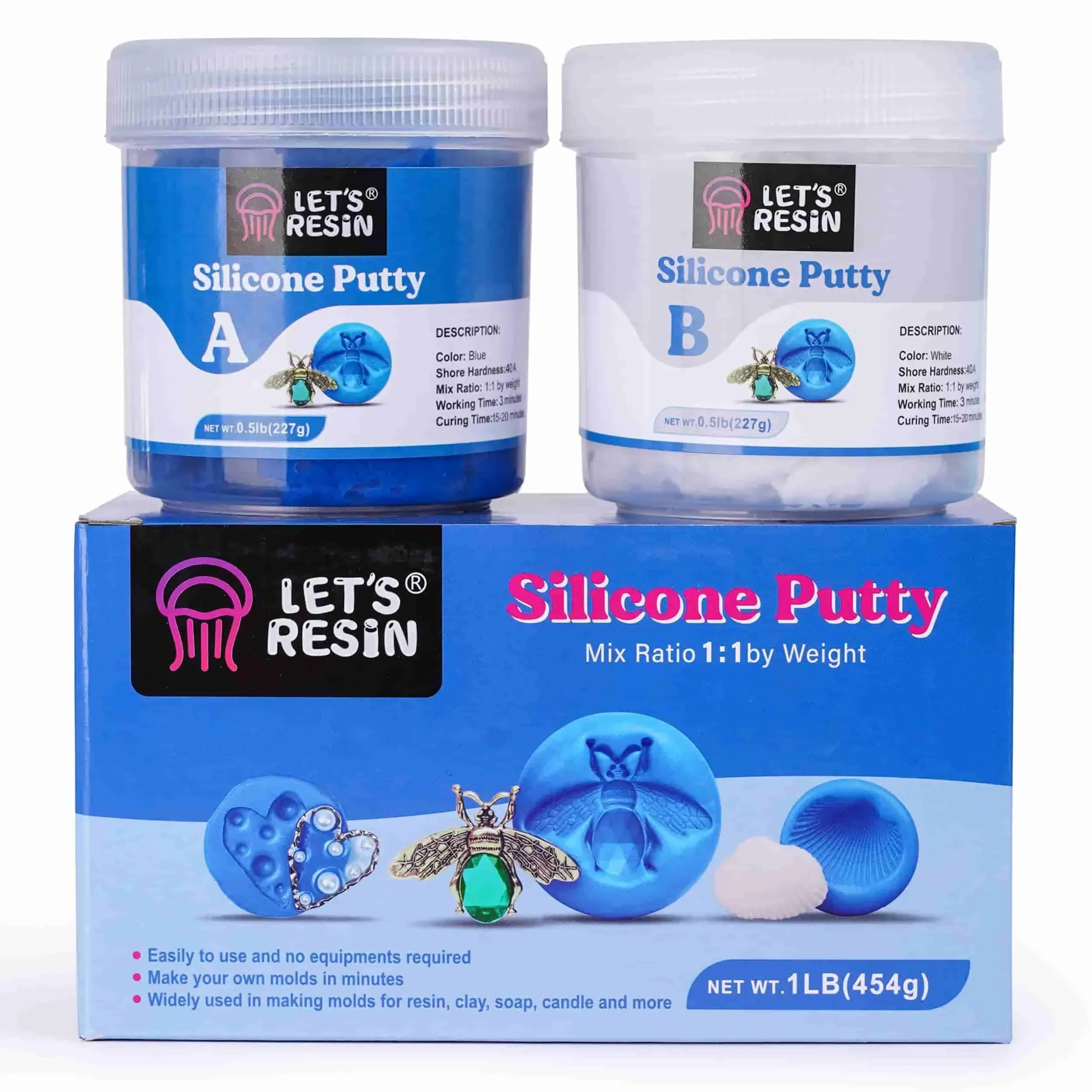 LET'S RESIN Silicone Putty,1LB/40A Silicone Mold Making Kit, Non-Toxic,Strong&Flexible, Easy 1:1 Mixing Ratio for Reusable Silicone Molds, Resin Molds, Soap