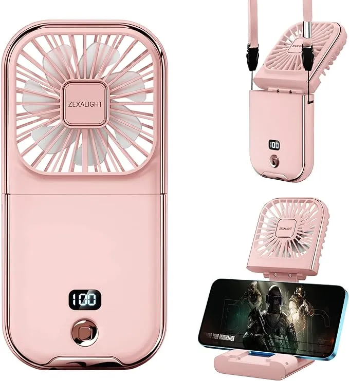 Upgraded 5-in-1 Portable Handheld Fan, Necklace Fan, Mini Desk Fan, Foldable Phone Stand, Emergency Backup Power, Quiet USB Rechargeable Personal Fans with LED Digital Screen (Pink)