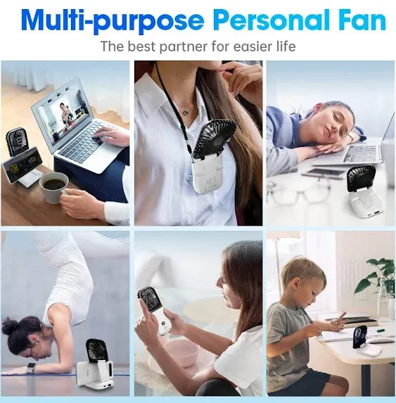 Upgraded 5-in-1 Portable Handheld Fan, Necklace Fan, Mini Desk Fan, Foldable Phone Stand, Emergency Backup Power, Quiet USB Rechargeable Personal Fans with LED Digital Screen (Black & white)