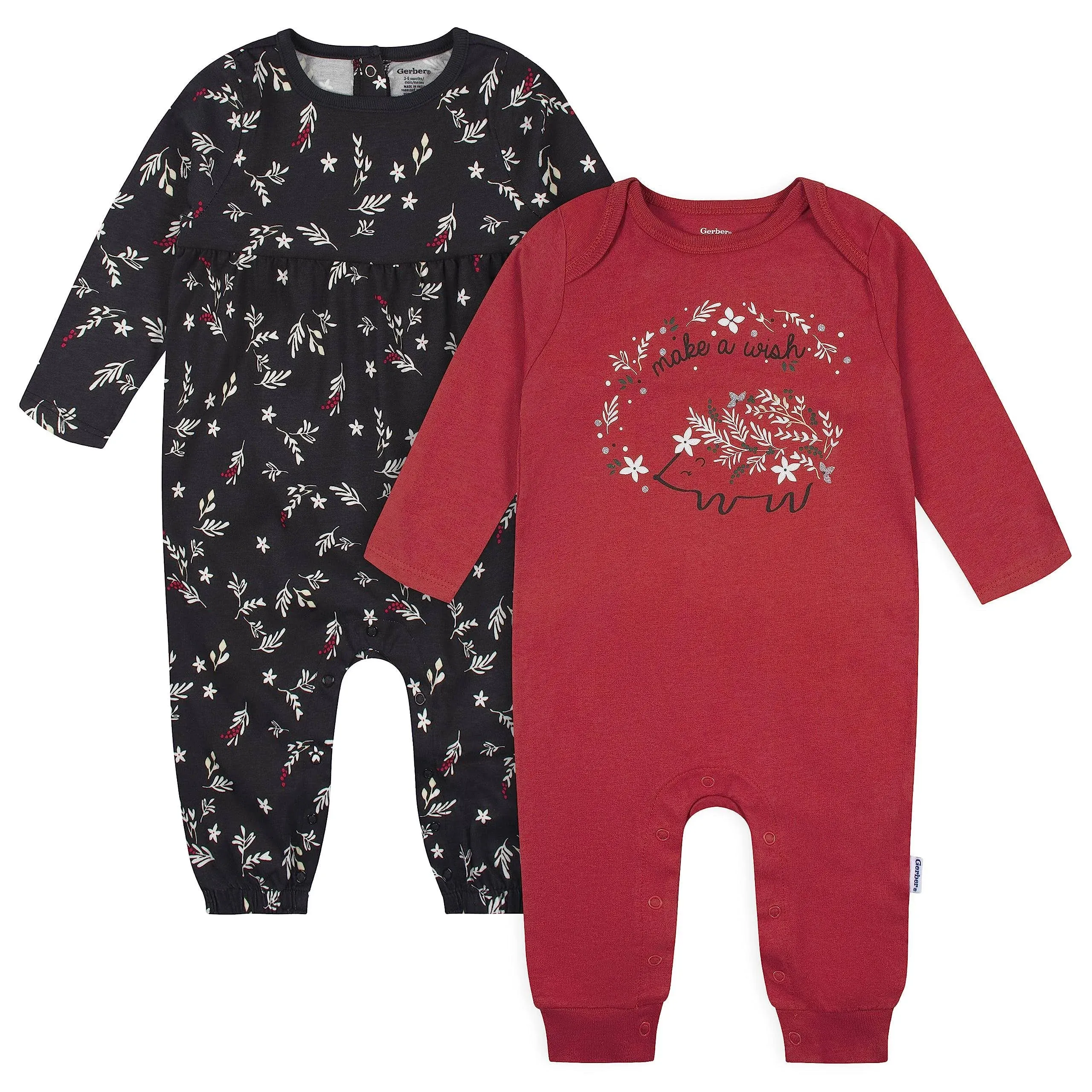 Gerber 2-Pack Baby Girls Wish & Leaves Rompers - Newborn