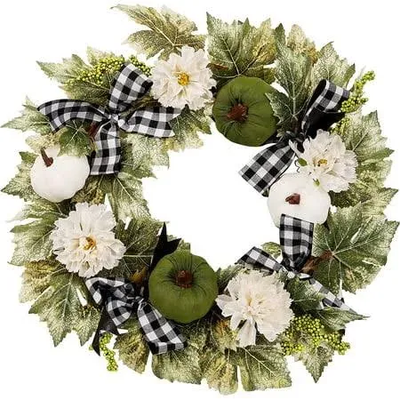 MAGGIFT Fall Wreath for Front Door, Harvest Artificial Wreaths with White &amp; 