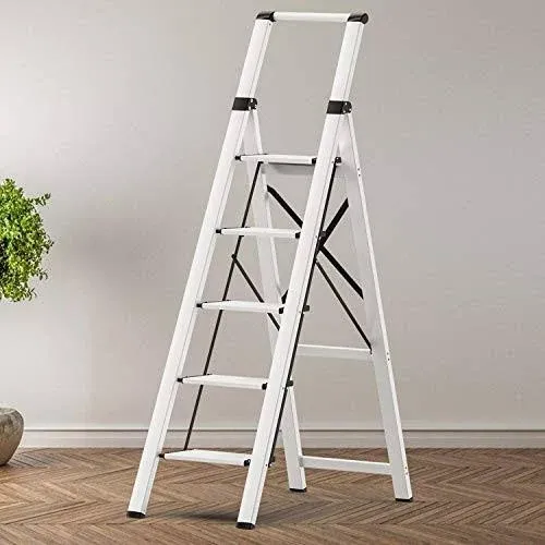 GameGem 5 Steps Lightweight Aluminum Ladder for 10 Feet High Ceiling, Folding Step Stool Stepladders with Anti-Slip and Wide Pedal for Home and Kitch