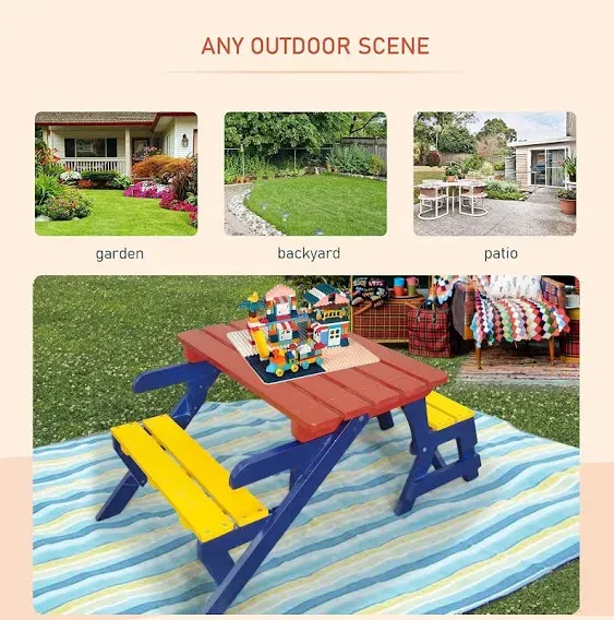 Kids Outdoor Picnic Table Set with Bench, 2 In 1 Colorful Toddler Activity Table, Wooden Children Table and Chair Set for Indoor Garden Patio Yard