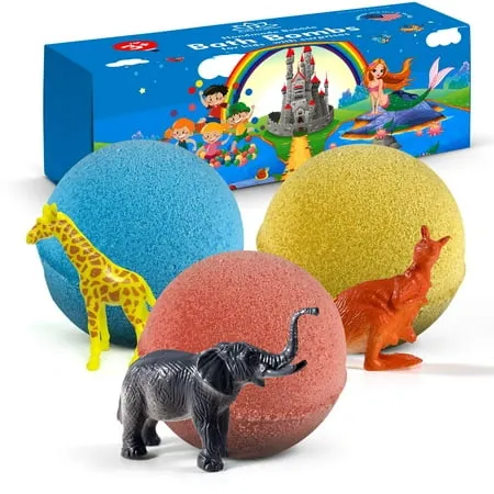 Bath Bombs with Surprise Inside Wild Animals Toys Safe Bath Bomb Gift Set for Kids Boys Girls 3 Pcs