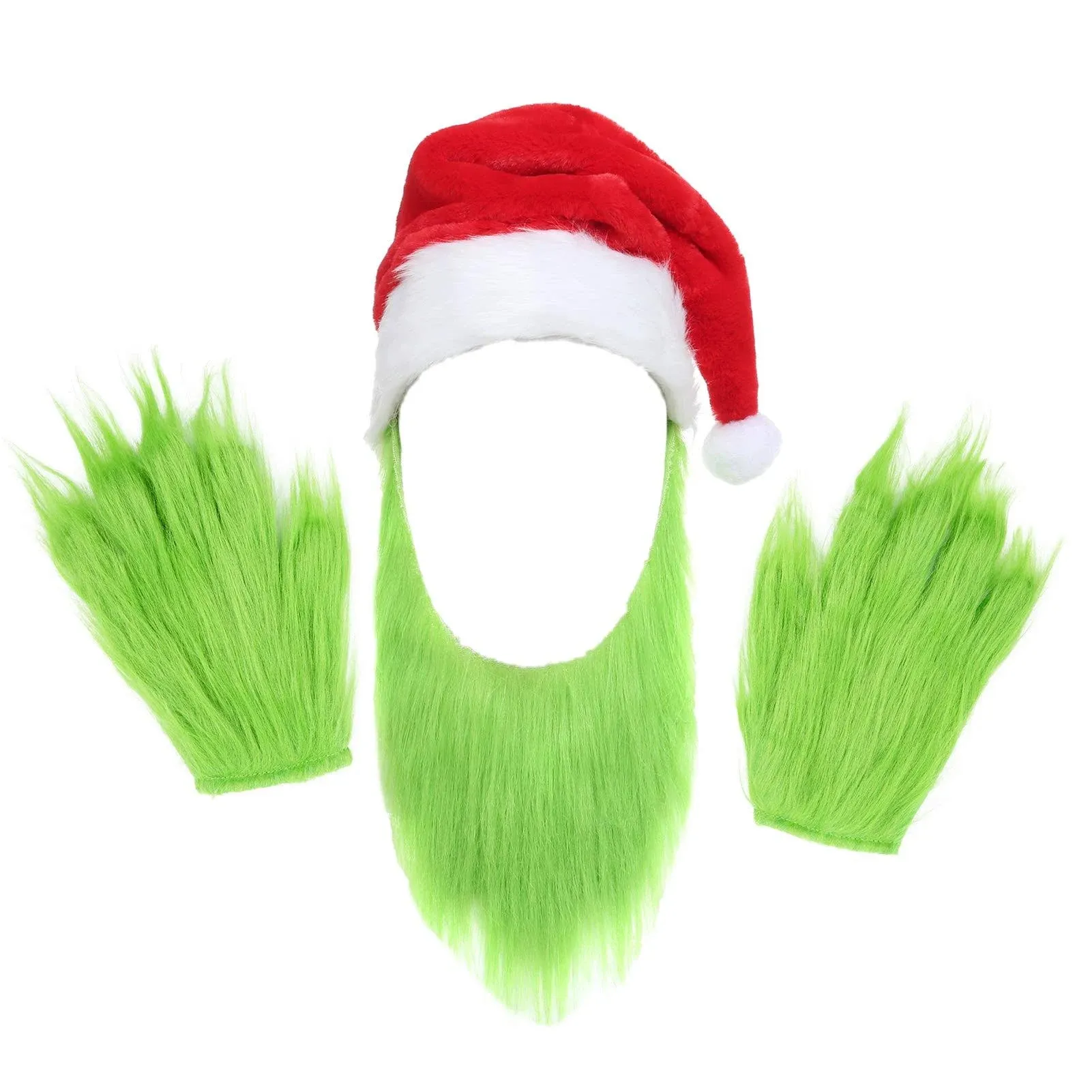 Obavioy Mens Green Beard Santa Hat with Furry Gloves for Adult Christmas Cosplay Costume Accessories