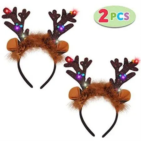 JOYIN 2 Pcs Light-Up Reindeer Headbands with LED, Christmas Headbands for Christmas Supplies and Holiday Parties Favors (ONE SIZE FITS ALL)