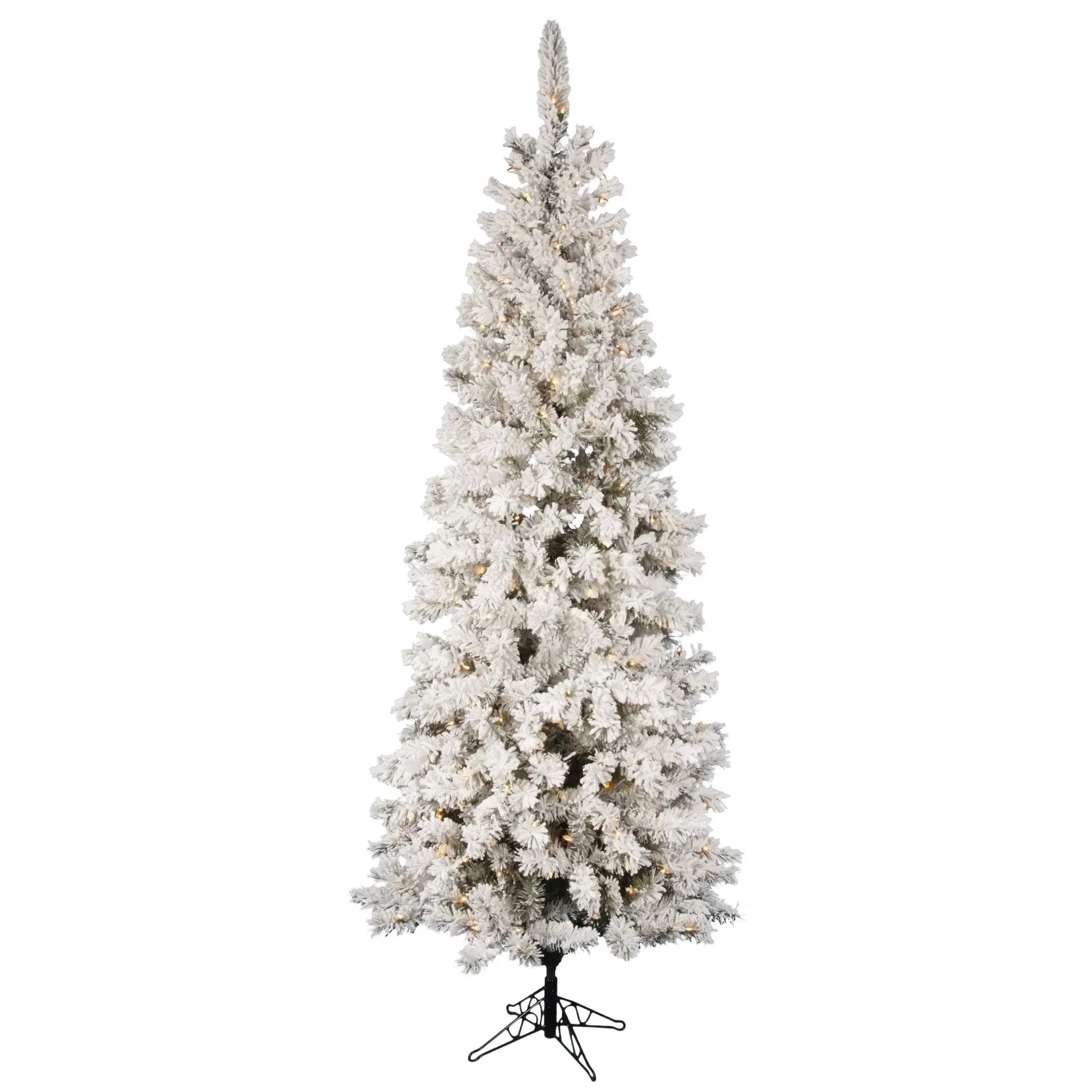 Vickerman 9.5' Flocked Pacific Pencil Artificial Christmas Tree, Pure White LED Lights - Lifelike Indoor Seasonal Home Decor - Maintenance Free Flocked Faux Christmas Tree