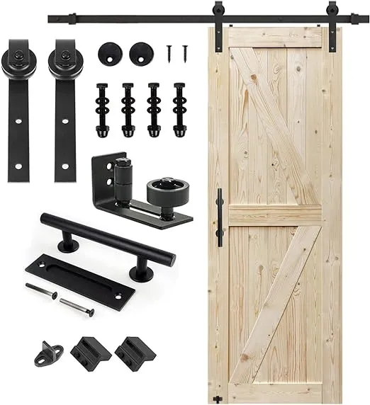 S&Z TOPHAND 32 in. x 84 in. Unfinished British Brace Knotty Barn Door with 6.6FT Sliding Door Hardware Kit/Solid Wood/Sliding Door/Double Surfaces/A Simple Assembly is Required (32, Door+J Shape)