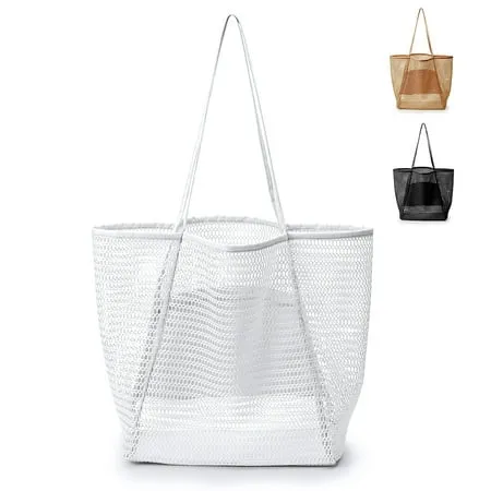 Dicasser Beach Bag Extra Large Tote Bags Mesh Tote Bag for Women with Zip Pocket Shoulder Bag Summer Beach Bags Reusable Shopping Bag for Picnic Holiday Travel Grocery White