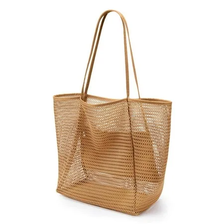 Mesh Tote Bag Beach Bag Extra Large Tote Bags for Women with Zip Pocket Shoulder Bag Summer Beach Bags Reusable Shopping Bag for Picnic Holiday Travel Grocery Khaki