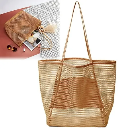 Dicasser Mesh Tote Bag Beach Bag Extra Large Tote Bags for Women with Zip Pocket Shoulder Bag Summer Beach Bags Reusable Shopping Bag for Picnic Holiday Travel Grocery Khaki