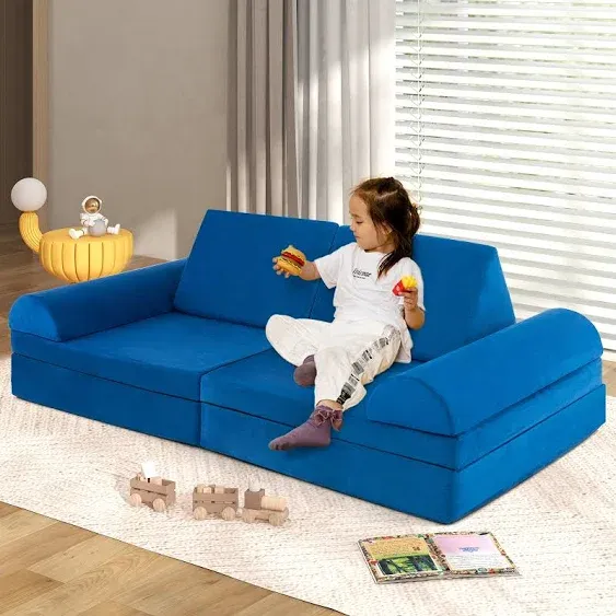 8 Pieces Convertible Kids Sofa Playset with Zipper-Blue | Costway