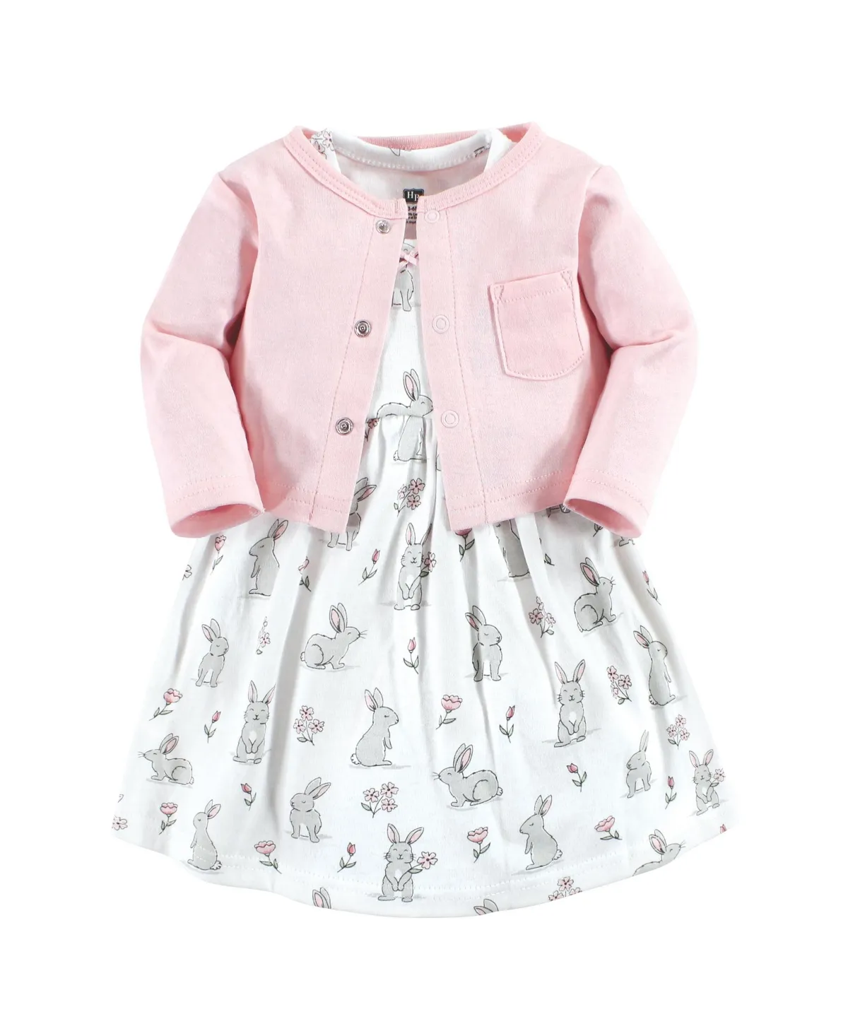 Hudson Baby Toddler Girl Cotton Dress and Cardigan Set, Bunny Floral - Bunny floral