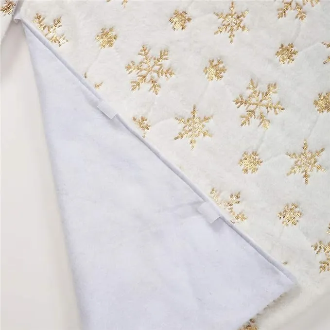 Christmas Sequin Tree Skirt 48in, White Soft Thick with Golden Snowflakes Decorations for 8FT 9FT Xmas Tree