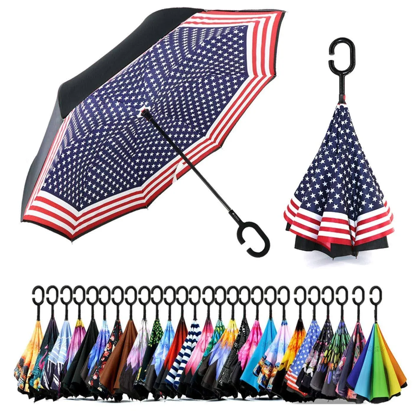 Double Layer Inverted Umbrella with C-Shaped Handle Anti-UV Waterproof Windproof