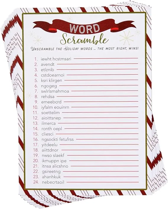 BLUE PANDA 50 Sheets Christmas Word Scramble Game, Holiday Party Activity for Family, Fun Festive Adult Christmas Party Games for Xmas Celebrations Gatherings at Home or Office (5 x 7 in)