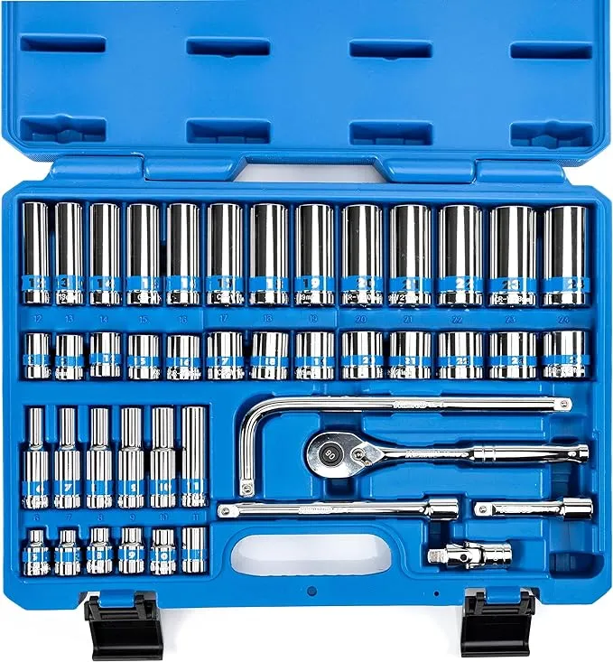 Neiko 02479A 1/2 Inch-Drive Colored Mechanics Tool Ratchet, Socket Set, 68 Piece Standard and Deep SAE Sizes 3/8" to 1-1/4" Metric Sizes 10 mm to 24 mm Made with CrV Steel for Auto Repair