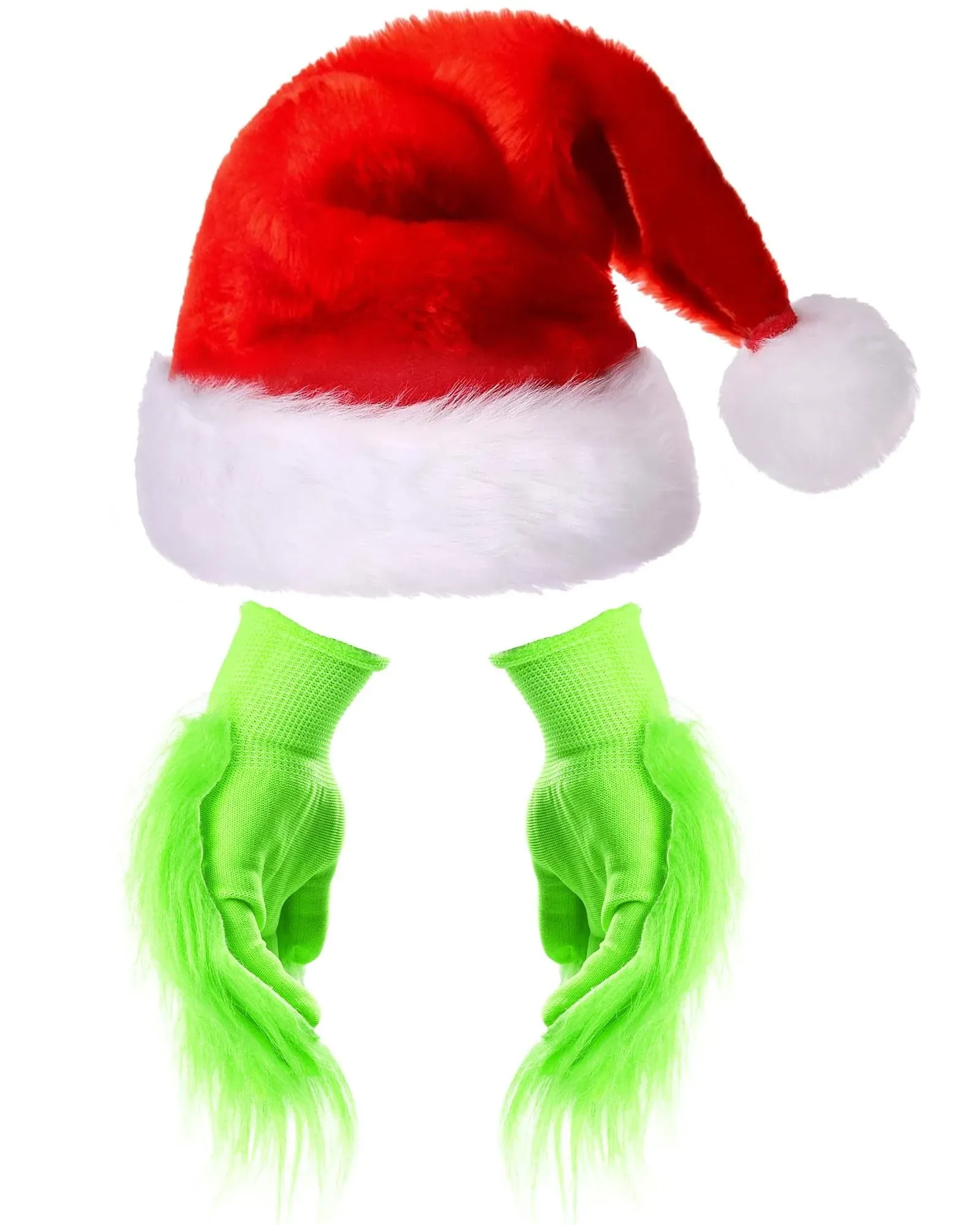 Hikkcos 2 Pieces Green Gloves Adult and Christmas Santa Hat Green Furry Gloves Halloween Green Monster Costume for Cosplay Costume Accessory Halloween Christmas Party Supplies