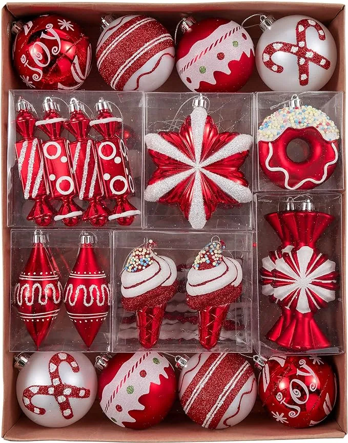 Valery Madelyn 60ct Christmas Ornaments, Shatterproof Candy Cane Red and White Christmas Tree Ornaments Set, Assorted Decorative Christmas Hanging Ball Ornament Bulk for Family Holiday Decoration