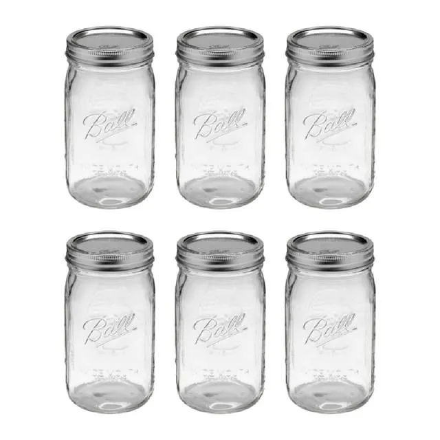 Wide Mouth Mason Jars 32 oz - (6 Pack) - Clear Glass Quart Mason Jars With Airtight Lids and Bands. For Storage, Canning, Fermenting, Meal Prep, Cold Brew Coffee, Freezing, Microwave & Dishwasher Safe