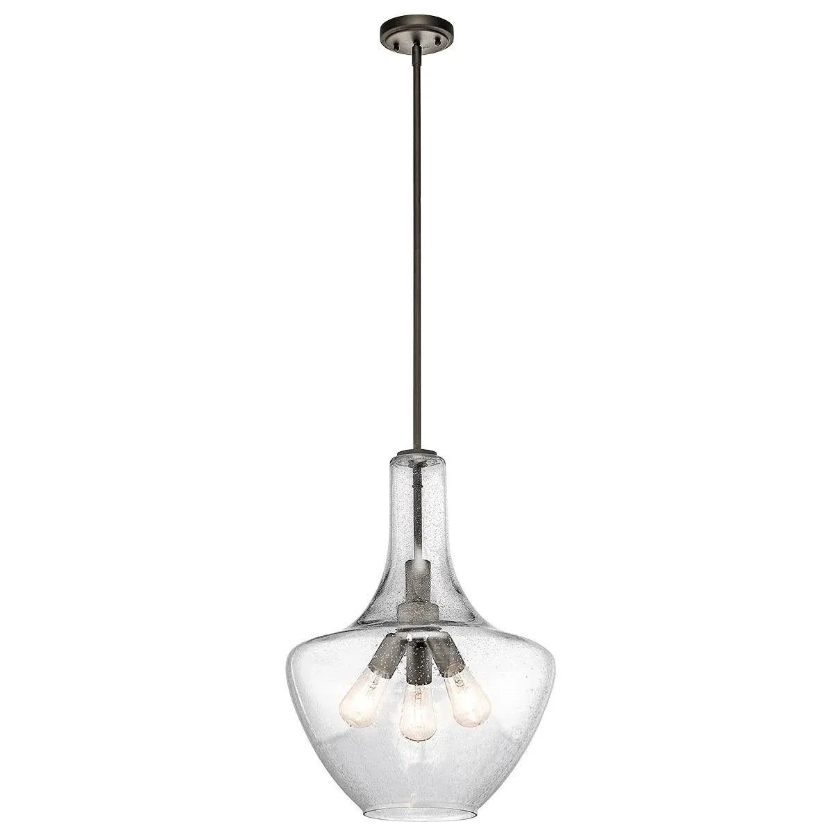 KICHLER Everly 22.75 in. 3-Light Olde Bronze Transitional Shaded Kitchen Bell Pendant Hanging Light with Clear Seeded Glass 42190OZ