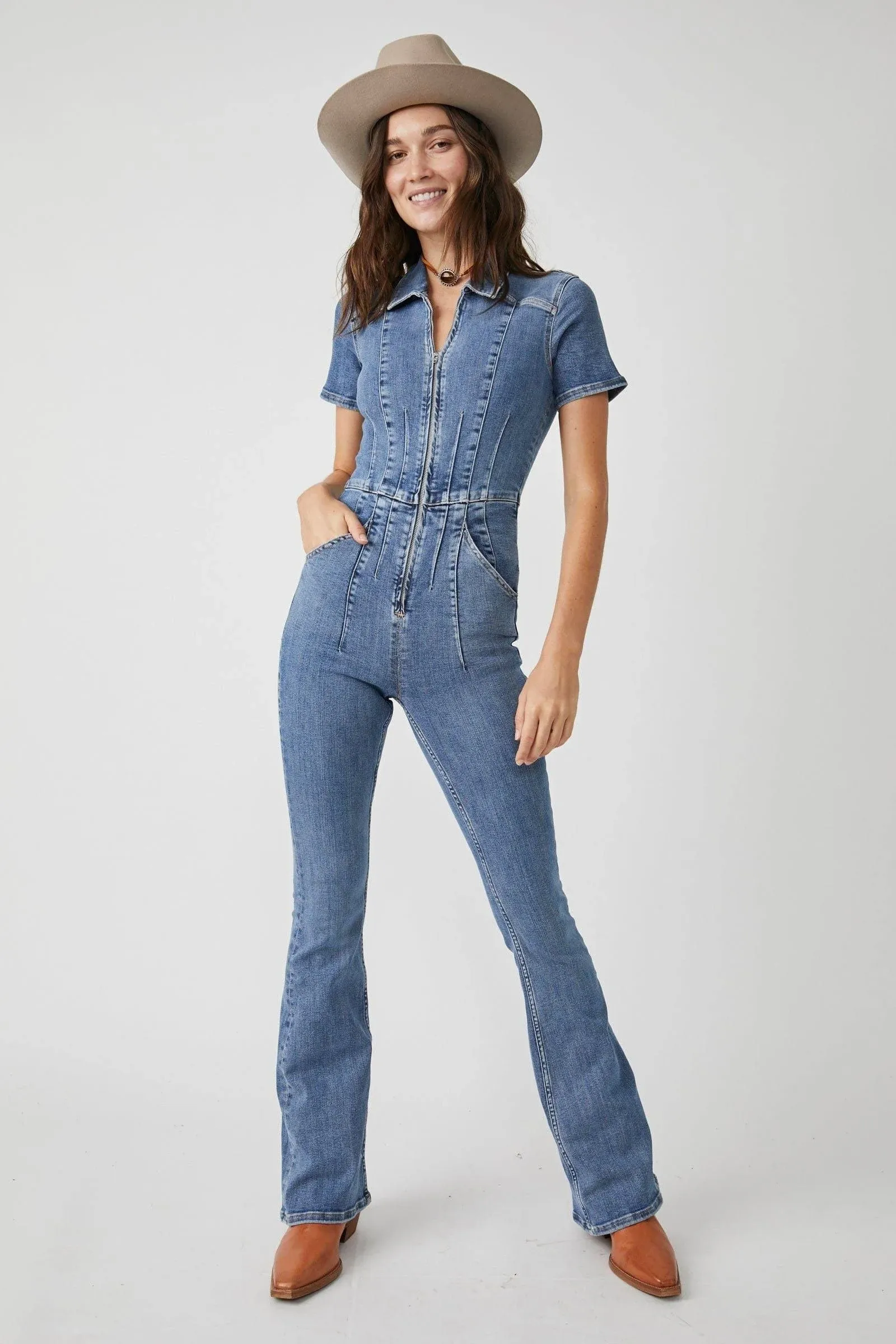 Free People Jayde Flare Jumpsuit - Sunburst Blue L