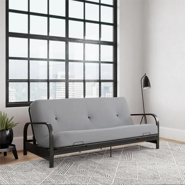 DHP Cleo Black Metal Arm Full Size Futon Frame with 6 Herringbone Mattress