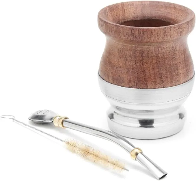 Carob Wood Mate Cup Set I Wooden Mate Gourd I Yerba Mate Cup with Bombilla Straw