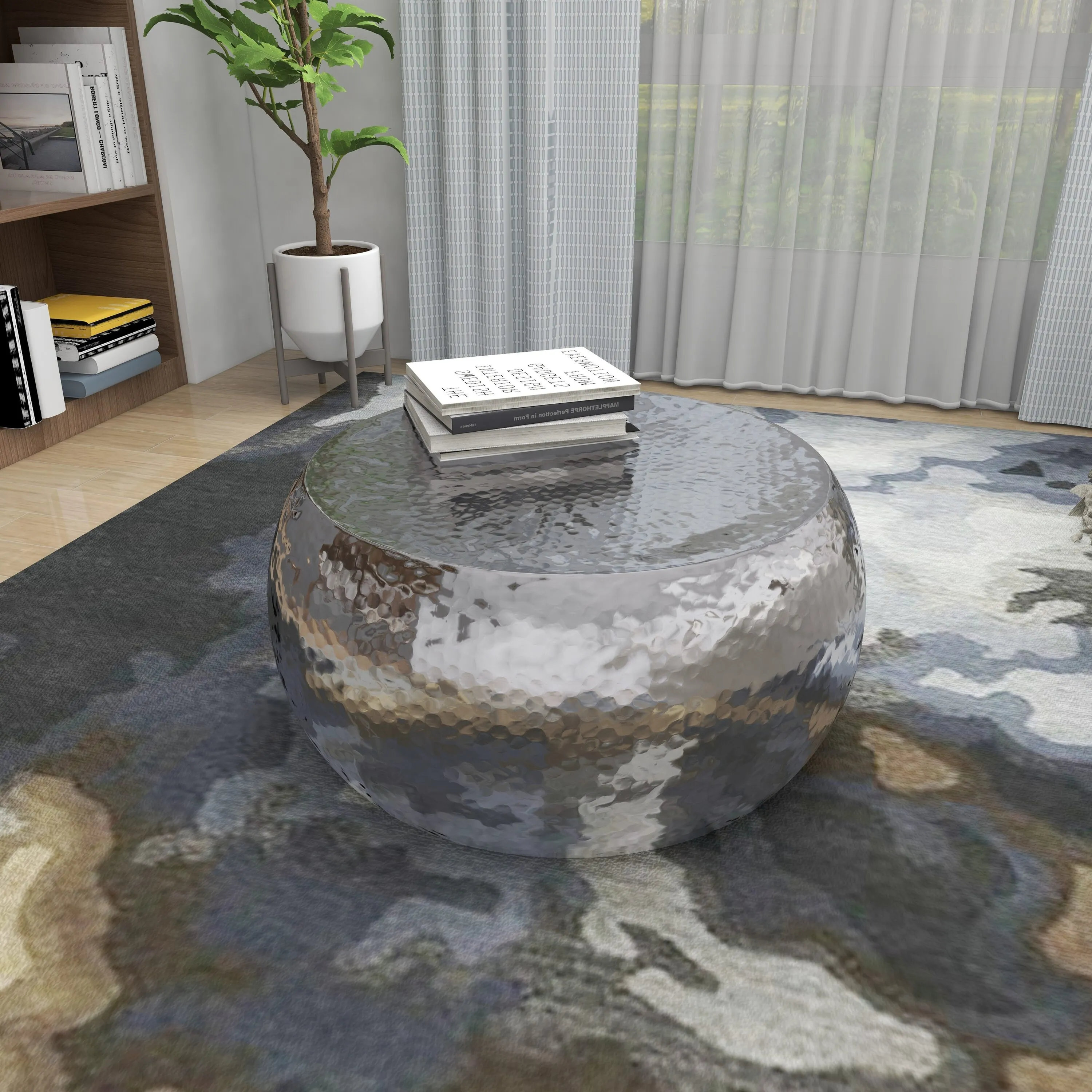 Grayson Lane Drum Shaped with Hammered Design Metal Modern Coffee Table