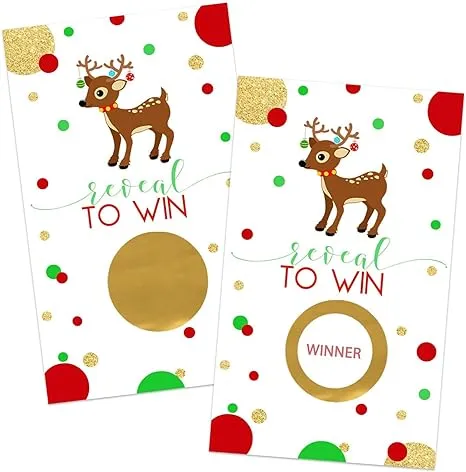 Reindeer Scratch Off Christmas Party Games for Adults, Office, Family, Holiday Scratcher Tickets, Rudolph Xmas Favors, 28 Pack