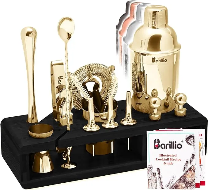 Barillio Mixology Gold Bartender Kit with Black Elegant Bamboo Stand