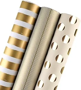 WRAPAHOLIC Jumbo Gold Wrapping Paper Roll - Gold Print for Birthday, Holiday, Wedding, Baby Shower Packing - 3 Rolls - 30 inch X 120 inch Per Roll