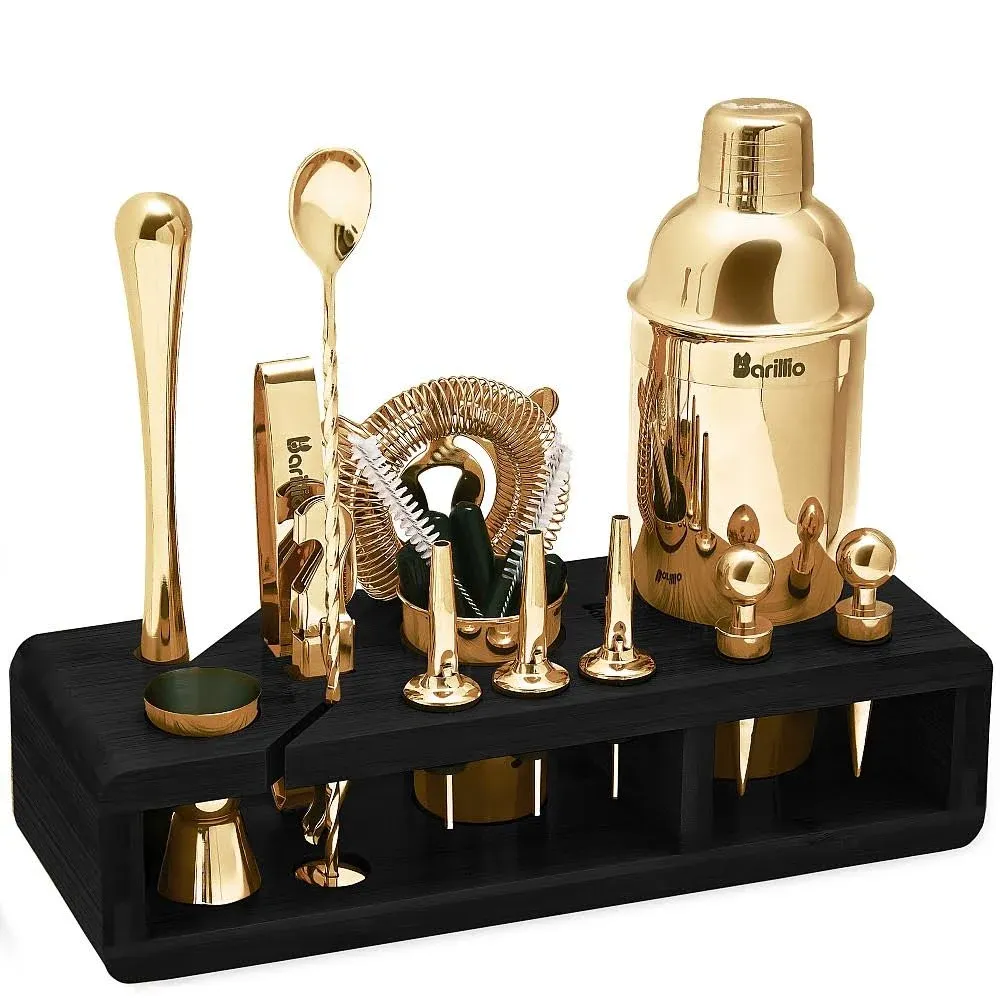 Barillio Mixology Gold Bartender Kit with Black Elegant Bamboo Stand