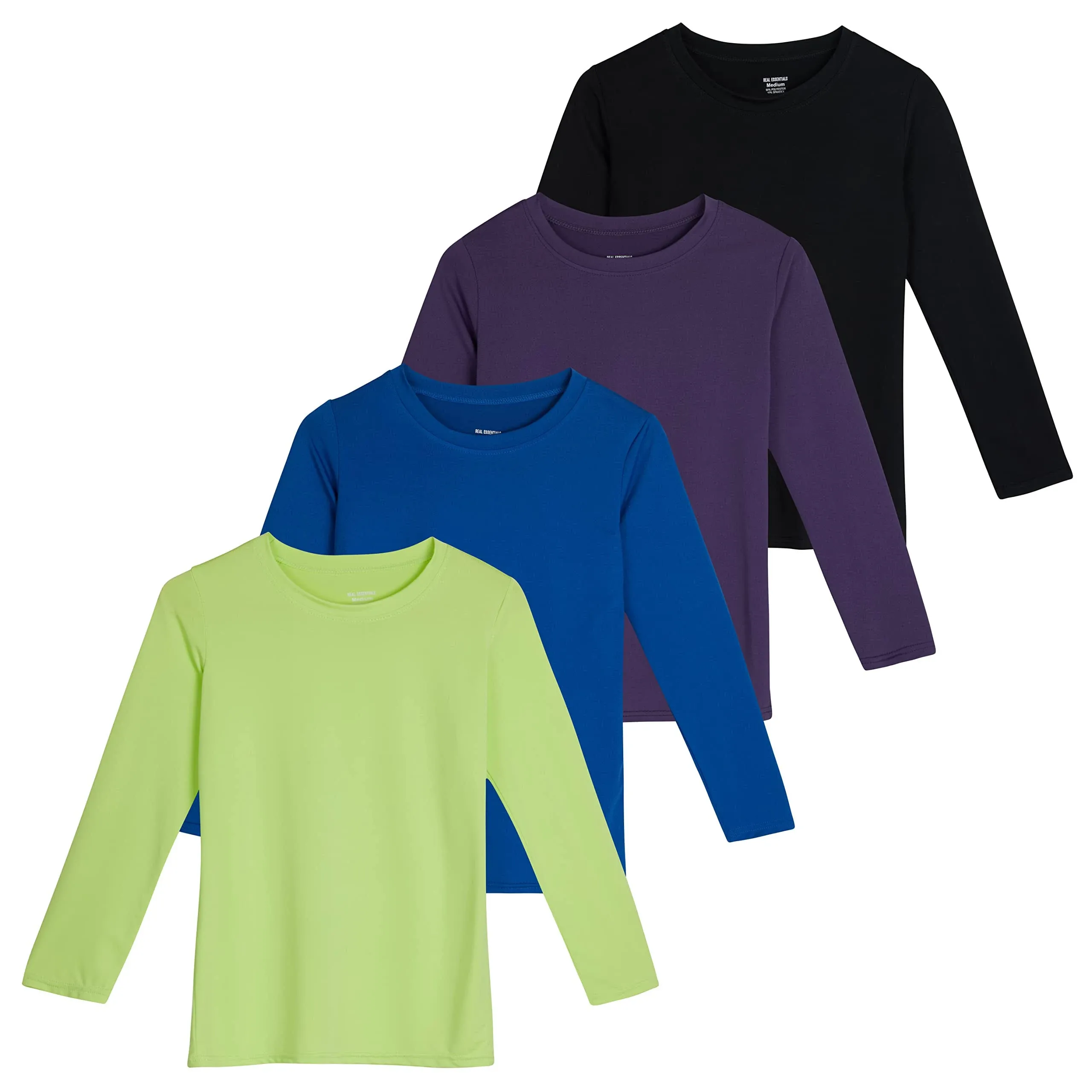 Real Essentials 4 Pack: Girls Dry-Fit Long Sleeve Active Crew Neck T-Shirt - Super Soft Tee