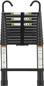 RIKADE Telescopic Ladder 12.5ft Aluminum with Non-Slip Feet and Stable Hook, 330lb Capacity Black