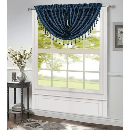 Robin Jacquard Rod Pocket Waterfall Window Valance with Beads Navy 48x37 Inches