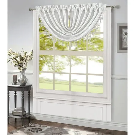 Robin Jacquard Rod Pocket Waterfall Window Valance with Beads White 48x37 Inches