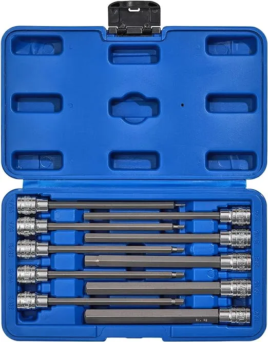 CASOMAN 10 Pieces 3/8 Inch Drive Long Hex Bit Socket Set, 1/16 Inch to 1/2 Inch, SAE, Extra Long Allen Hex Bit Socket Set, CR-V and S2 Steel