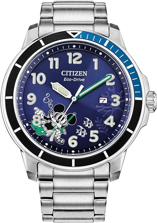 Citizen Men's Eco-Drive Disney Mickey Mouse Scuba Watch, Stainless Steel, Blue Dial, Luminous, 46mm (Model: AW1529-81W)