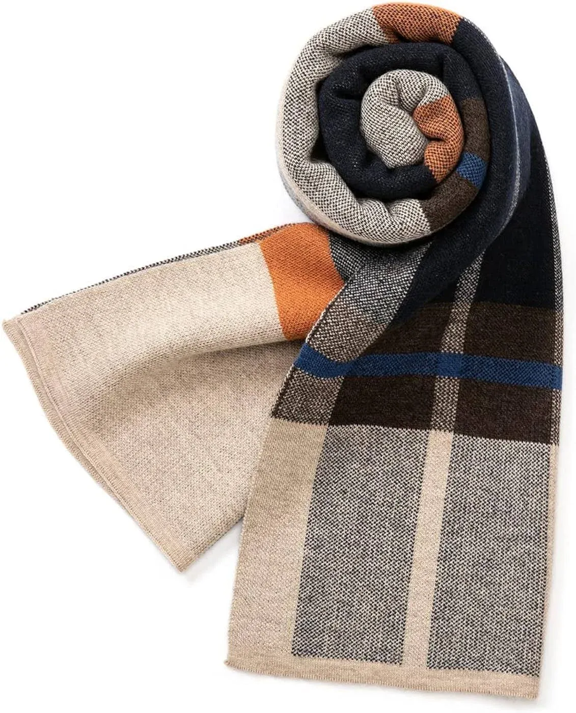 Villand Australian Merino Wool Tartan Knitted Scarf for Men, Plaid Winter Warm Thick Soft Neckwear with Gift Box, 12" W x 70" L (Camel Orange Tartan)