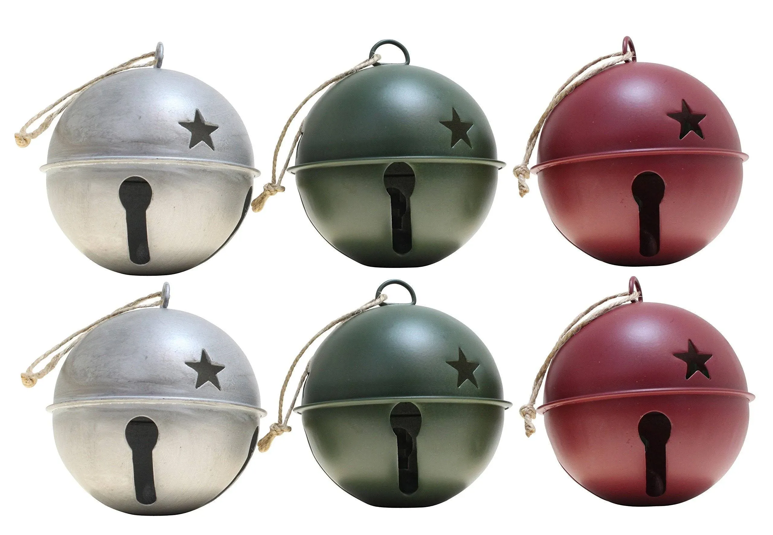 Jingle Bell Ornaments - 6 Pack - Assorted (Silver, Red & Green)