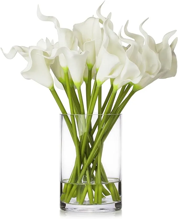 ENOVA FLORAL 20 Pieces Real Touch Lilies Artificial Flowers with Vase, Faux Calla Lily Flowers Arrangement with Faux Water in Glass Vase for Dining Table Decor, Wedding Centerpieces (White)