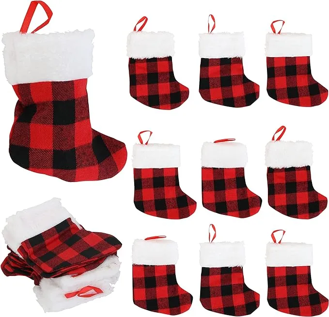 Iconikal Mini Christmas Stockings, 6-Inch, Red Buffalo Plaid, 24-Pack